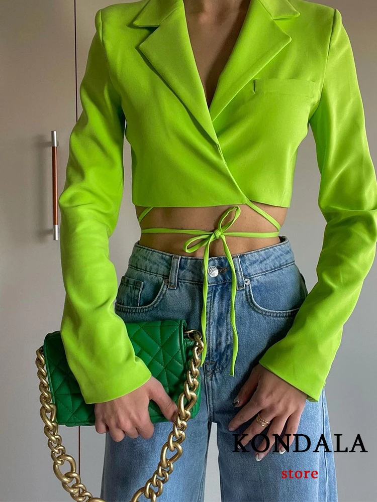 KONDALA Y2K Streetwear Solid Green Short Blazers Girls Deep V Neck Lace Up Sexy Jackets Female Elegant Mujer Tops