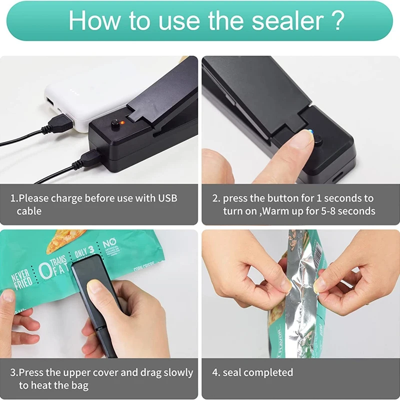 Mini sellador de bolsas con calor, selladores de bolsas inteligentes para bolsas de plástico, pequeño sellador térmico portátil, bolsas de resellado para Chips de aperitivos