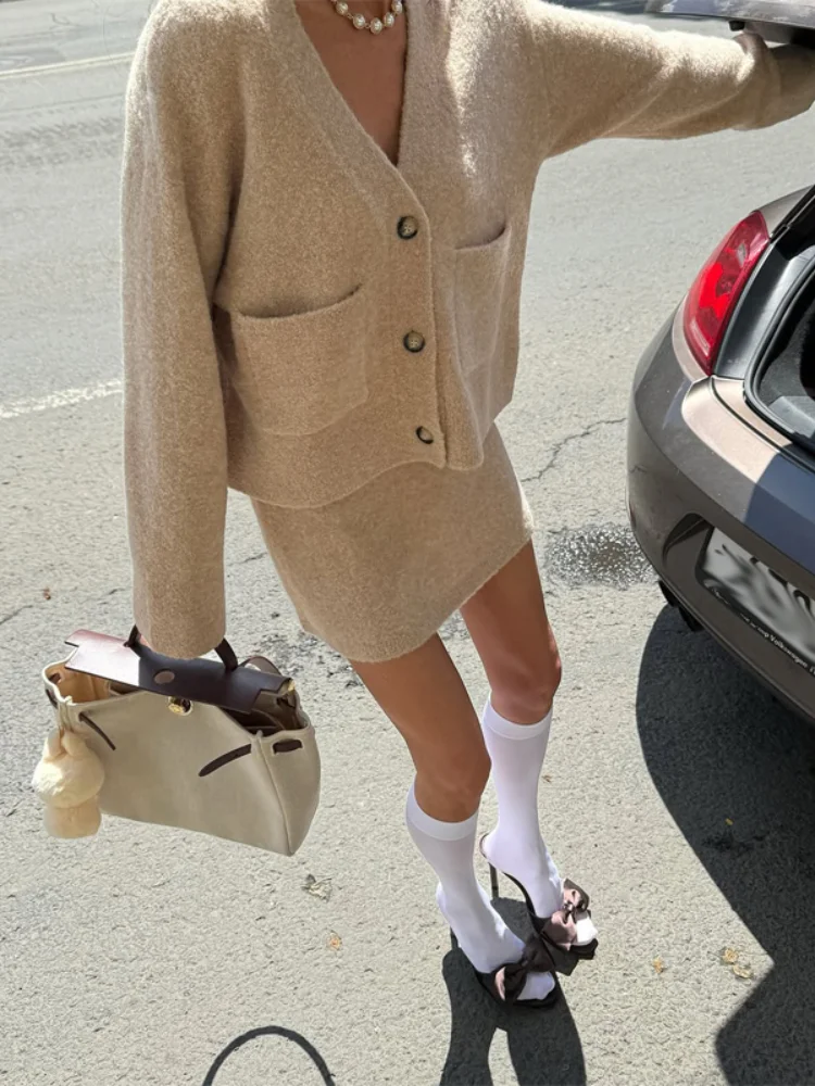 Women Solid Knitted Cardigan 2 Piece Matching Set V Neck Single Breasted Coat Mini Skirt Suits Autumn Lady Casual Street Outfit