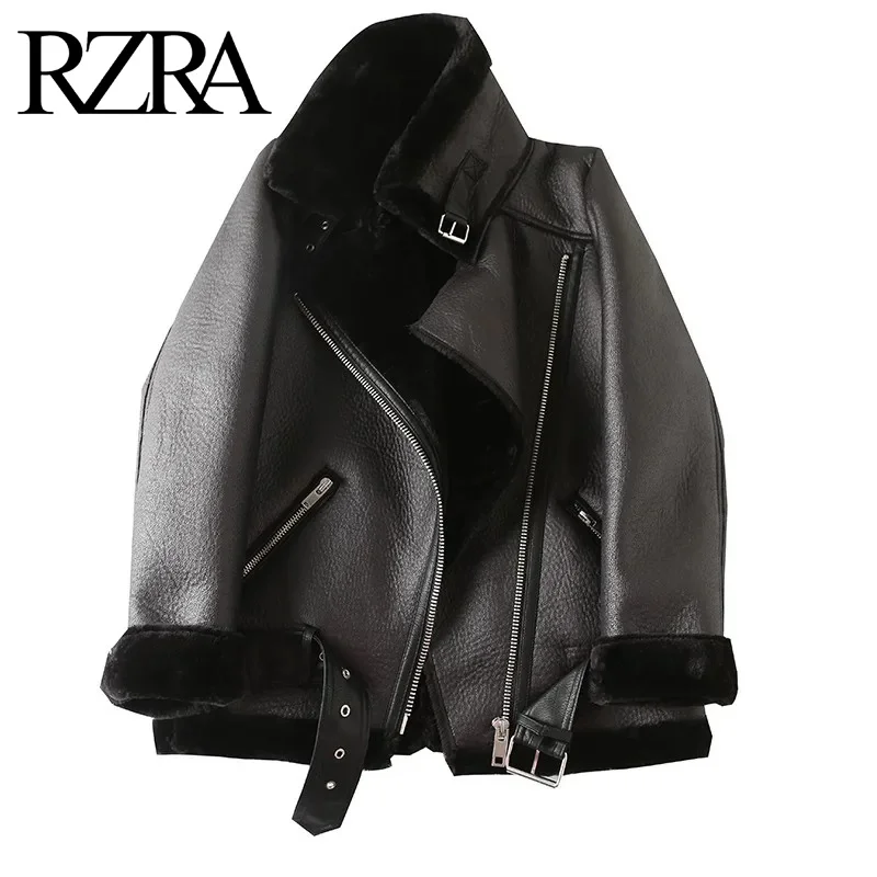 

RZRA The new women's jacket with extra thick warm and extra thick lamb feather rider jacket with artificial fur