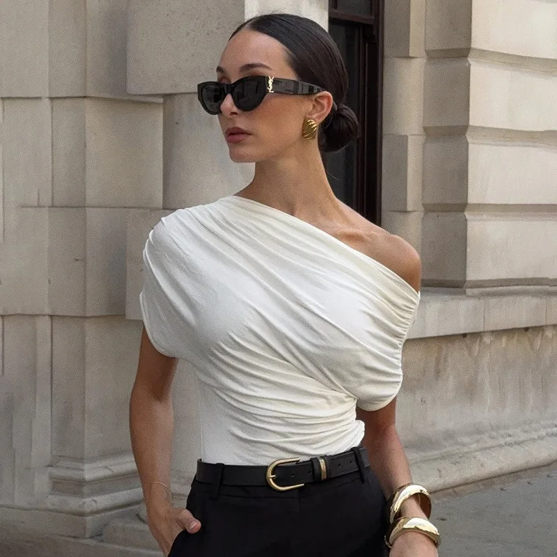 

Tornova Pleated Diagonal Collar Short Sleeve T-shirt Top Female Sexy Slim Casual Vacation Female Commute T shirt 2026 Summer New
