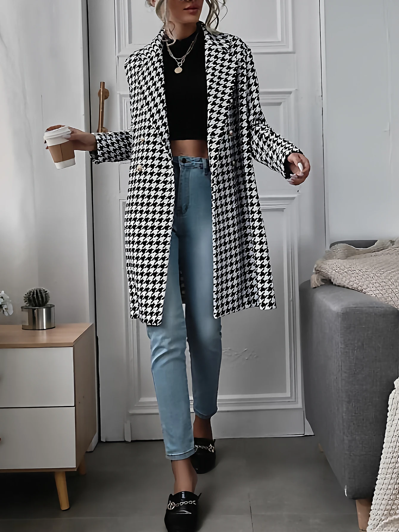 معطف نسائي كاجوال بنمط عناصر زخرفية ملابس خارجية مريحة غير رسمية للنساء عصرية وأنيقة