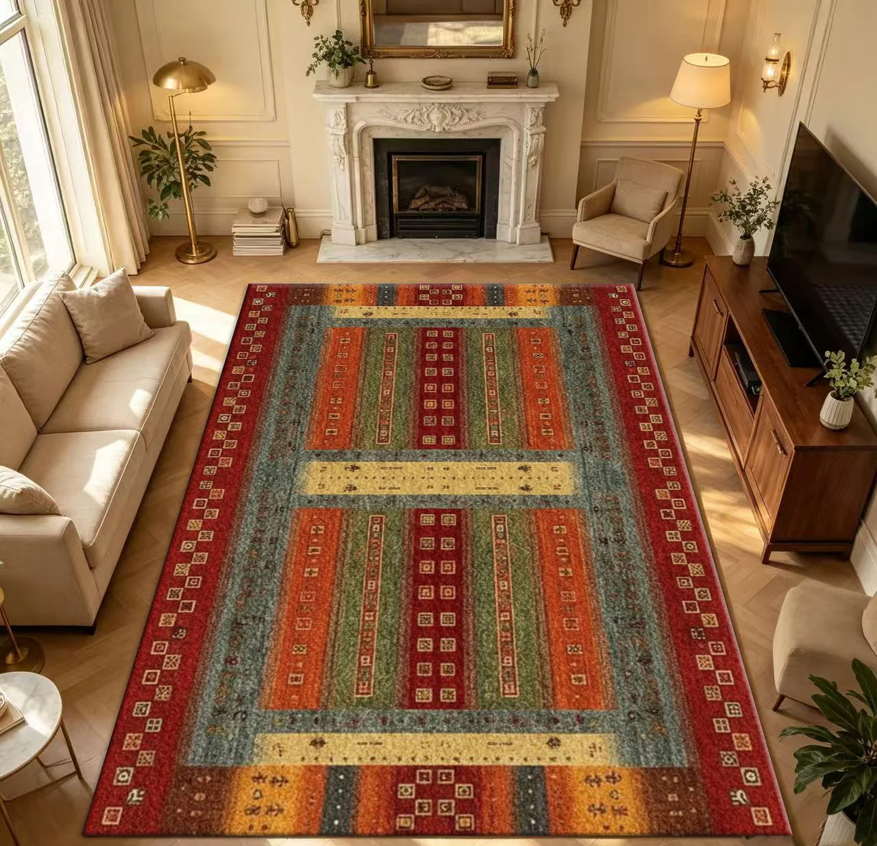 Boho Tribal Striped Area Rug Multicolor Red Green Orange Geometric Patchwork Floor Carpet for Living Room Bedroom Home Decor