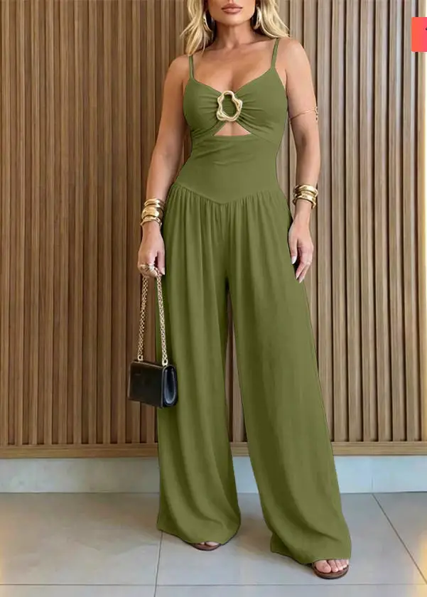 Women's Jumpsuit 2026 Spring Summer New Gold Ring Hollow Out Backless Adjustable Strap Romper Elegant Party Wide Leg Jumpsuit