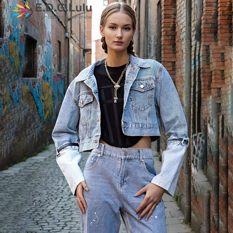 

EDGLuLu Women Fashion Long Sleeved With Belt Cowboy Short Coat Vintage Turn-Down Collar Pockets Female Chic Denim Top 0628