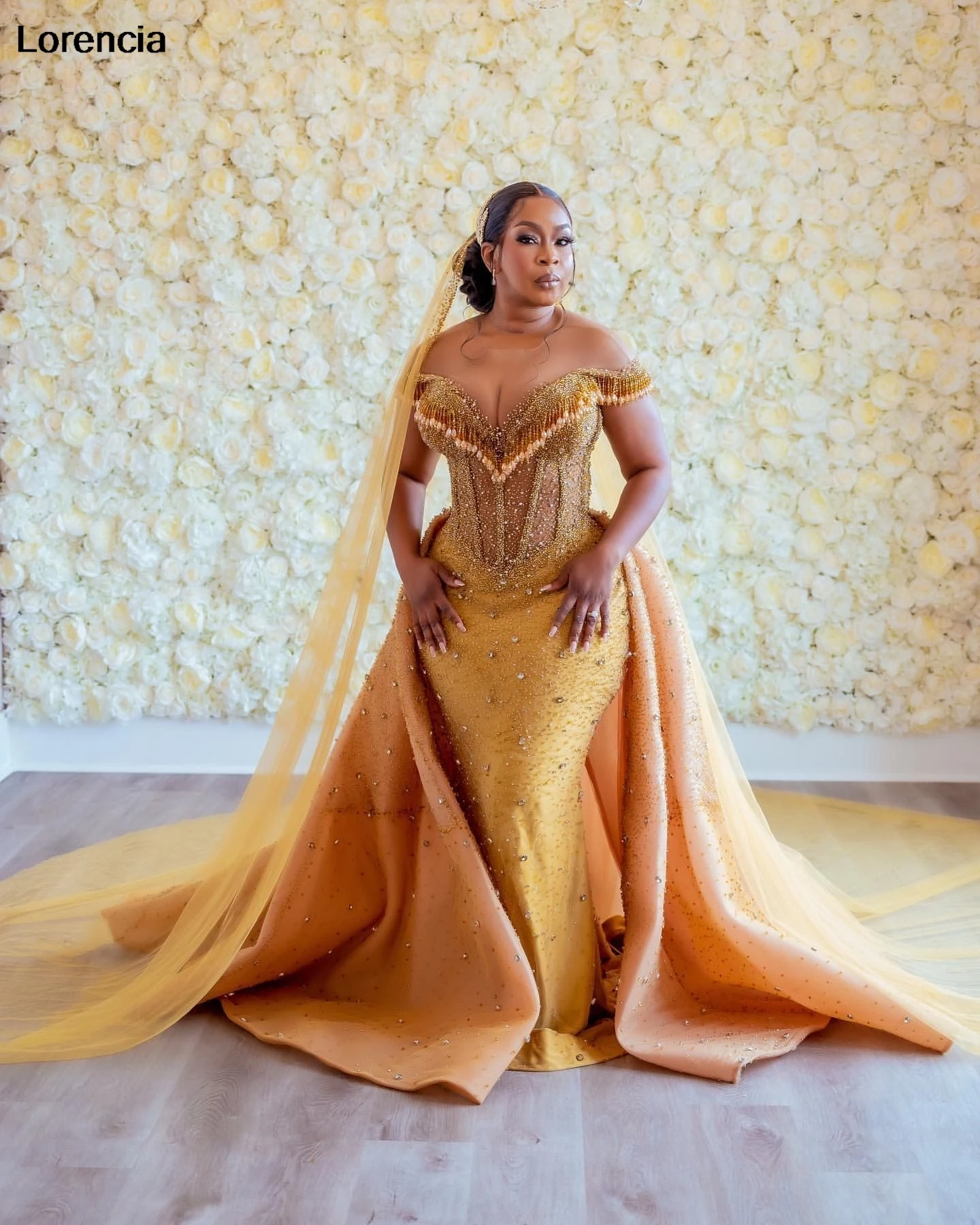 Maßgeschneidertes arabisches Aso Ebi Gold Meerjungfrau Abendkleid glänzende Perlen Kristall afrikanischer Tüll formelles Abendkleid Robe De Sorrie YPD350