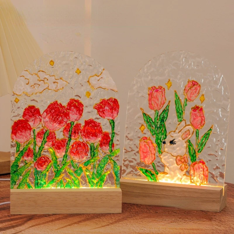 DIY Corrugated Board Tulip, LED Night Light, Atmosphere Glass Oil Painting Gift, Drawing Acrylic Board, Oil Painting Table Color