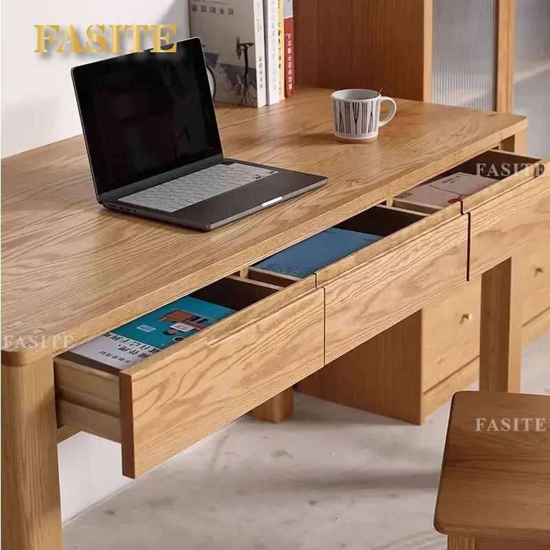 For All Solid Wood Desk Bookshelf Integrated Pure Red Oak Simple Writing Desk Nordic Study Home Office Log Table