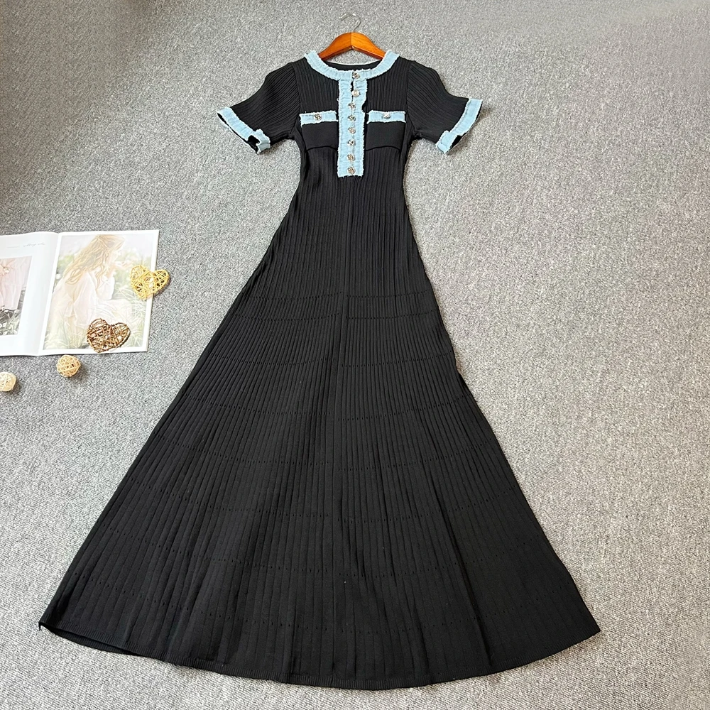 Yuoomuoo marca moda feminina vestido 2025 primavera verão vintage denim retalhos o pescoço de malha maxi vestido senhora do escritório vestidos