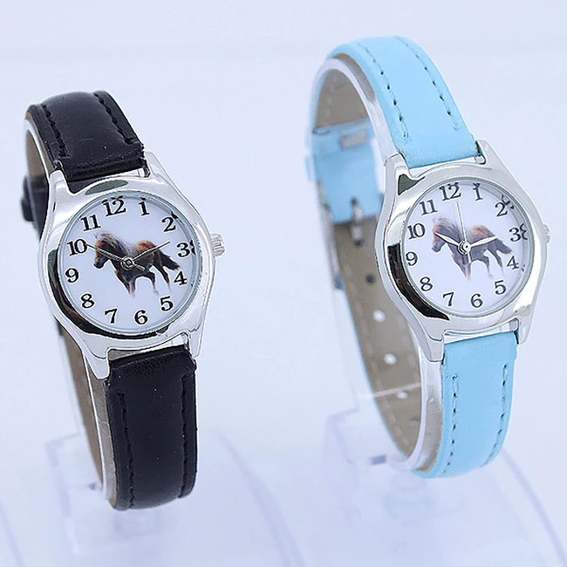 Girl Boy Watch Kids Watches Horse Blue Black Leather Quartz Student Kids Animal Cartoon Children Wristwatch