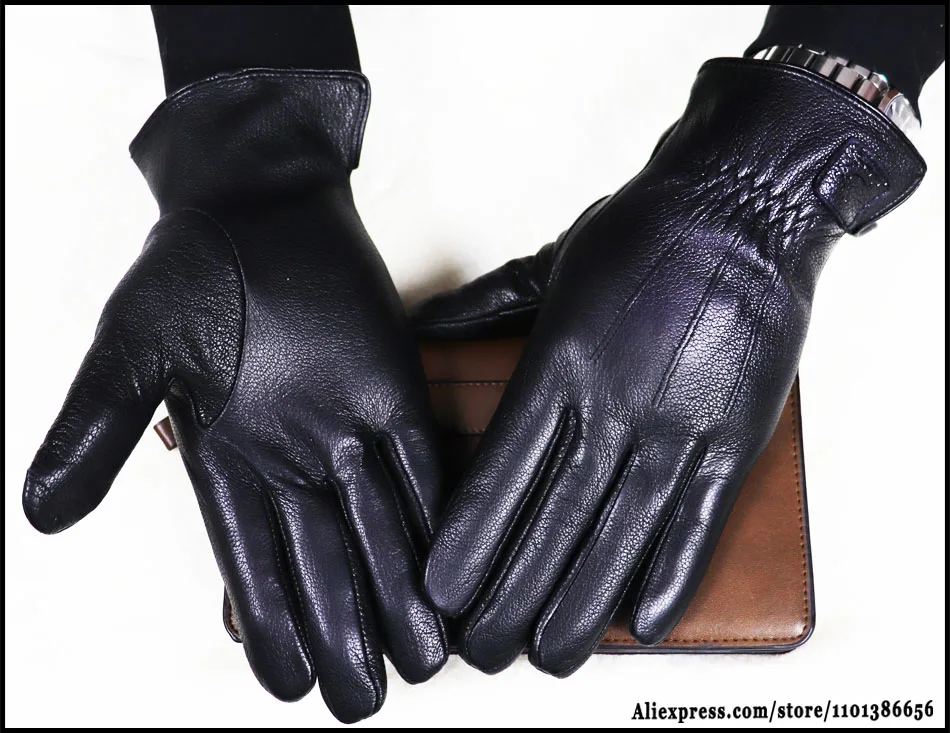 Hochwertige Herren-Lederhandschuhe, Hirschleder-Textur-Ziegenlederhandschuhe, winterwarme Flanellwolle, die mit dünnen und dicken Lederhandschuhen gestrickt ist, Fahrrad- und Fahrlederhandschuhe – Detail 21