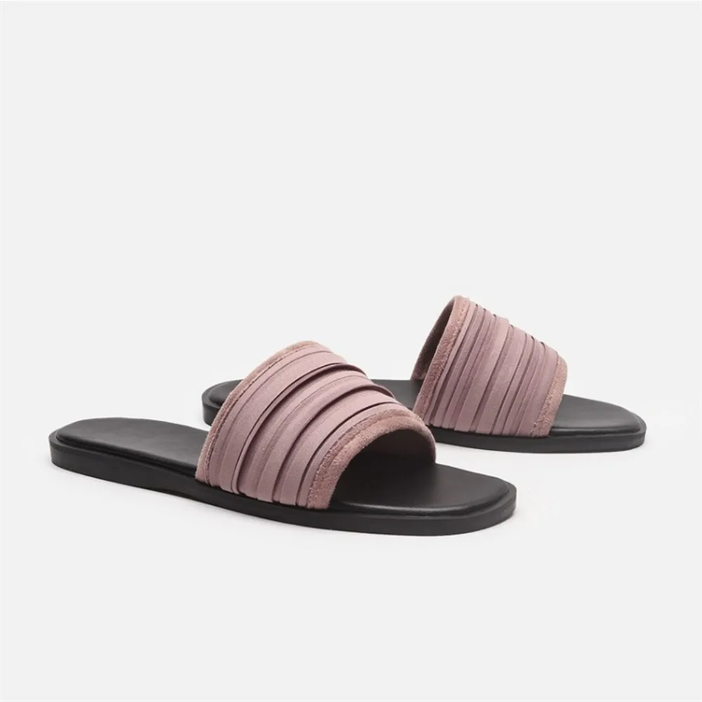 Flat Bottomed Slippers for Women 2026 Summer New Low Heel Pleated Surface Beach Slippers Womens Simple One-piece Slippers Woman