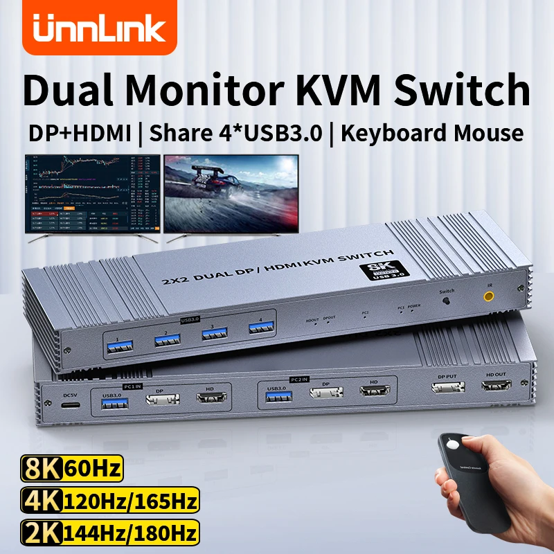 2X2 DP HDMI KVM Switch Dual Monitor 4K 120Hz Extended DisplayPort 2 in 2 out for Share USB 3.0 Dual Display Matrix KVM Switcher