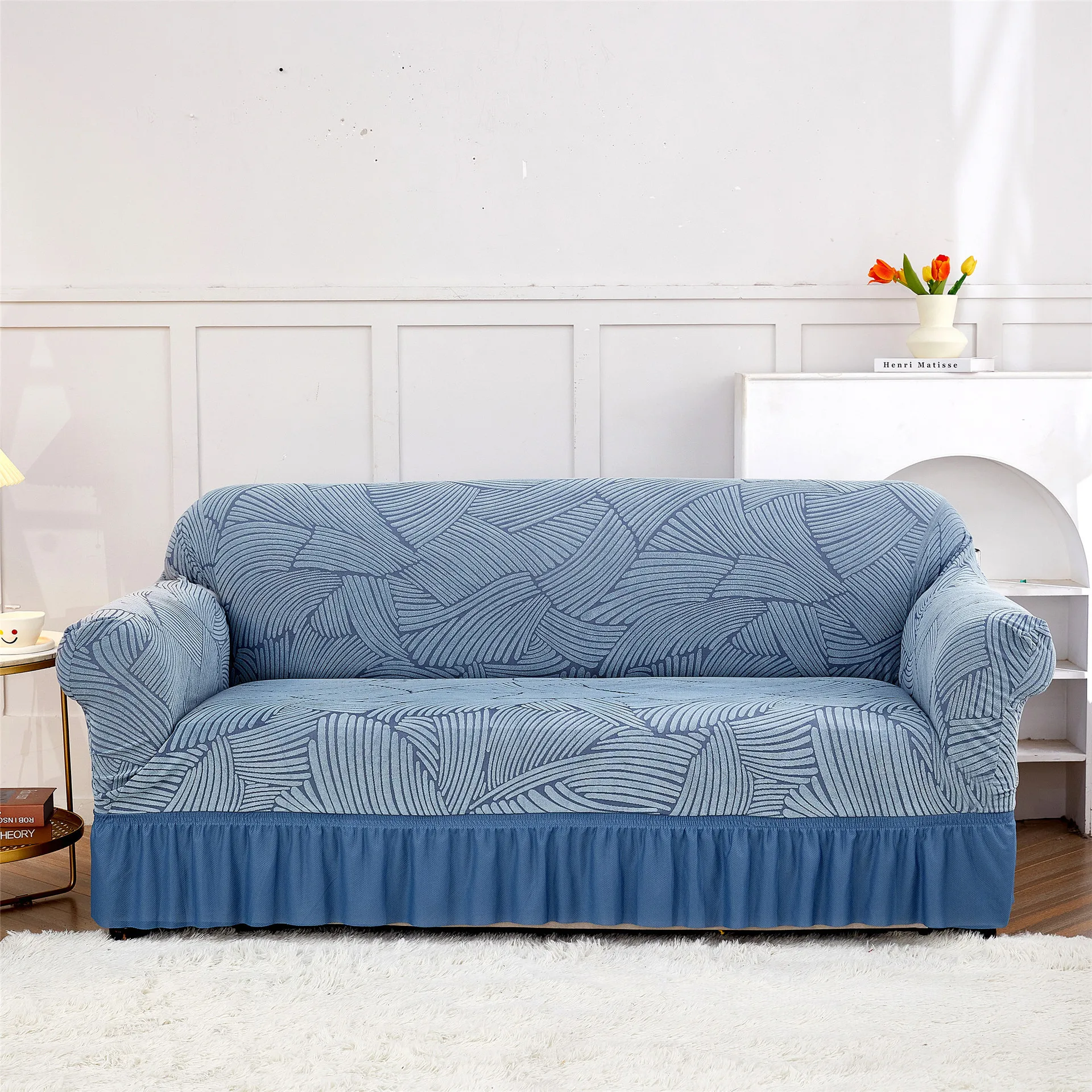 Stretch Leaf Pattern Sofa Cover with Ruffle Skirt All-Inclusive Couch Slipcover Machine Wash Furniture Protector Home Decor