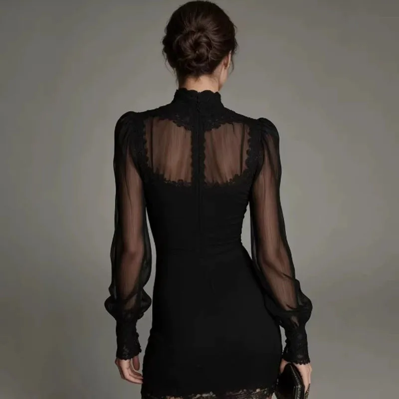 Damen Spitzenbesatz Schlankes Minikleid Transparentes Netzstoff Puffärmel Bindekragen Tiefer V-Ausschnitt Kurzes Kleid Elegantes Nachtclub-Partykleid – Detail 4