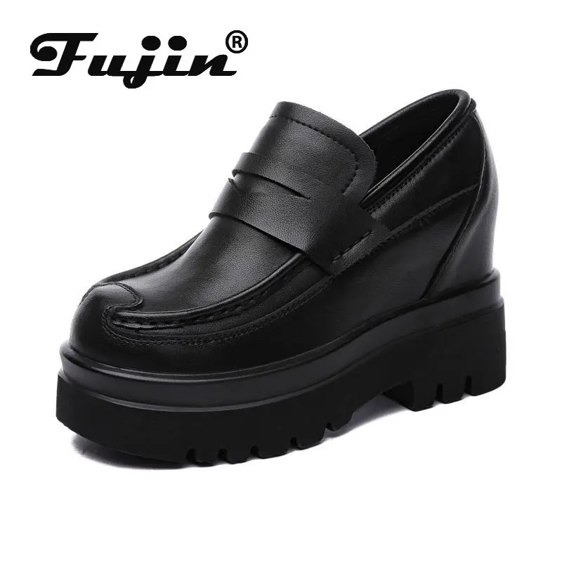 

Fujin 9CM Spring Summer Women Black Platform Wedge Pumps Women Genuine Leather Women Shoes Hidden Heels Slip on Females Shoes