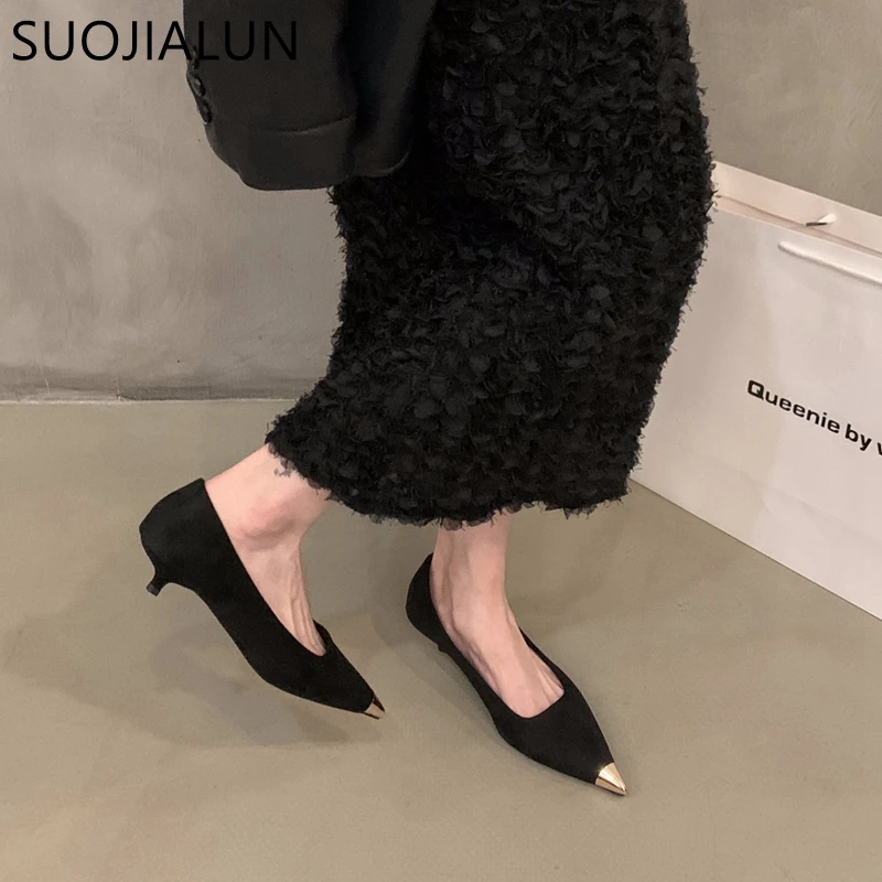 SUOJIALUN Spring New Brand Women Pumps Shoes Fashion Gold Pointed Toe Shallow Slip On Slingback Shoes Thin Low Heel Dress Pumps