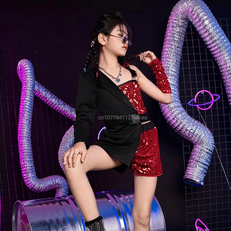 

Детский комплект костюмов для джазовых танцев, модный и крутой костюм для джазовых танцев с блестками для девочек, мода для подиума для девочек