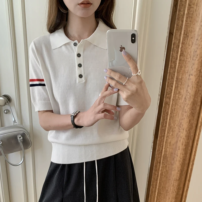 Summer women's new cotton T-shirt short sleeved polo collar T-shirt solid color casual pullover women's top