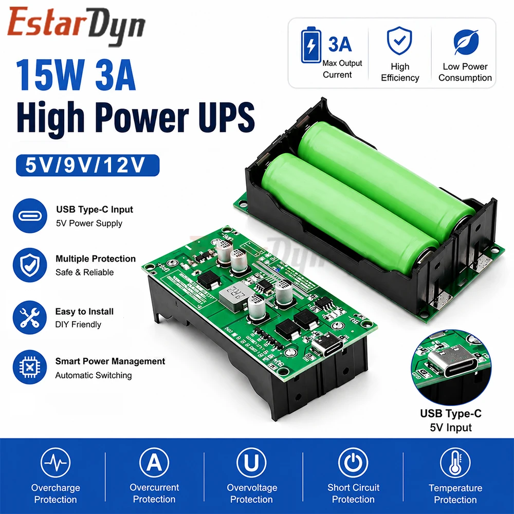 18650 Battery Charger UPS Module Type-C 15W Fast Charge Boost 5V 9V 12V Output DIY Board