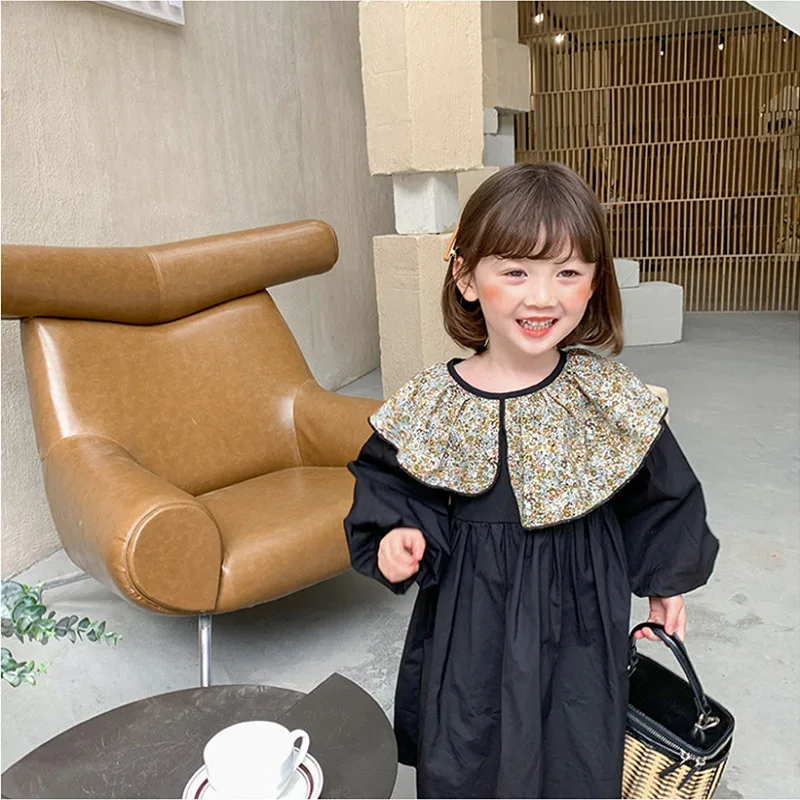 Autumn Girls\' Dress Floral Collar Bubble Sleeves Princess Dress Irregular Pleats Lapel Fashionable Spring Children\'s Clothing