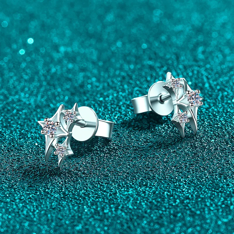 Banquet Sparkling Star Four Pointed Star Stud Earrings 0.124 Carat For Women Moissanite PT950 Platinum Party Jewelry