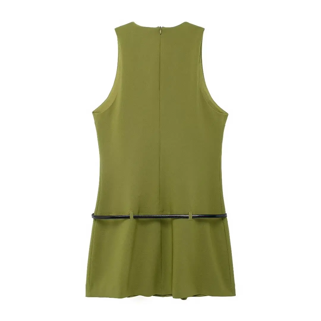 DUOPERI Women Fashion With Belt Green Back Zipper Mini Dress Vintage V-Neck Sleeveless Female Chic Lady Dresses