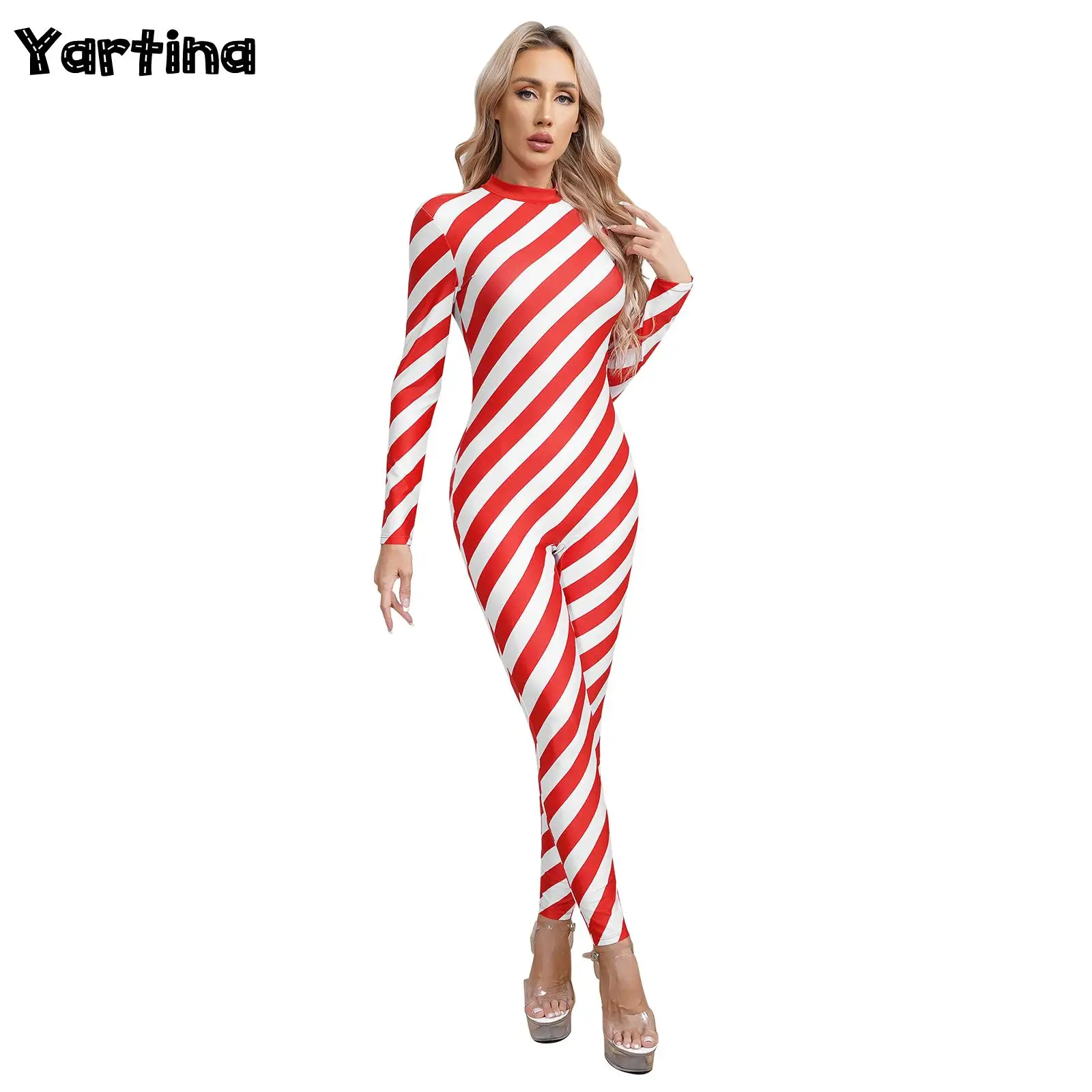 Womens Christmas Candy Cane Bodysuits Xmas Dress Up Cosplay Party Costume Gymnastics Leotard Figure Skating Unitards Jumpsuit