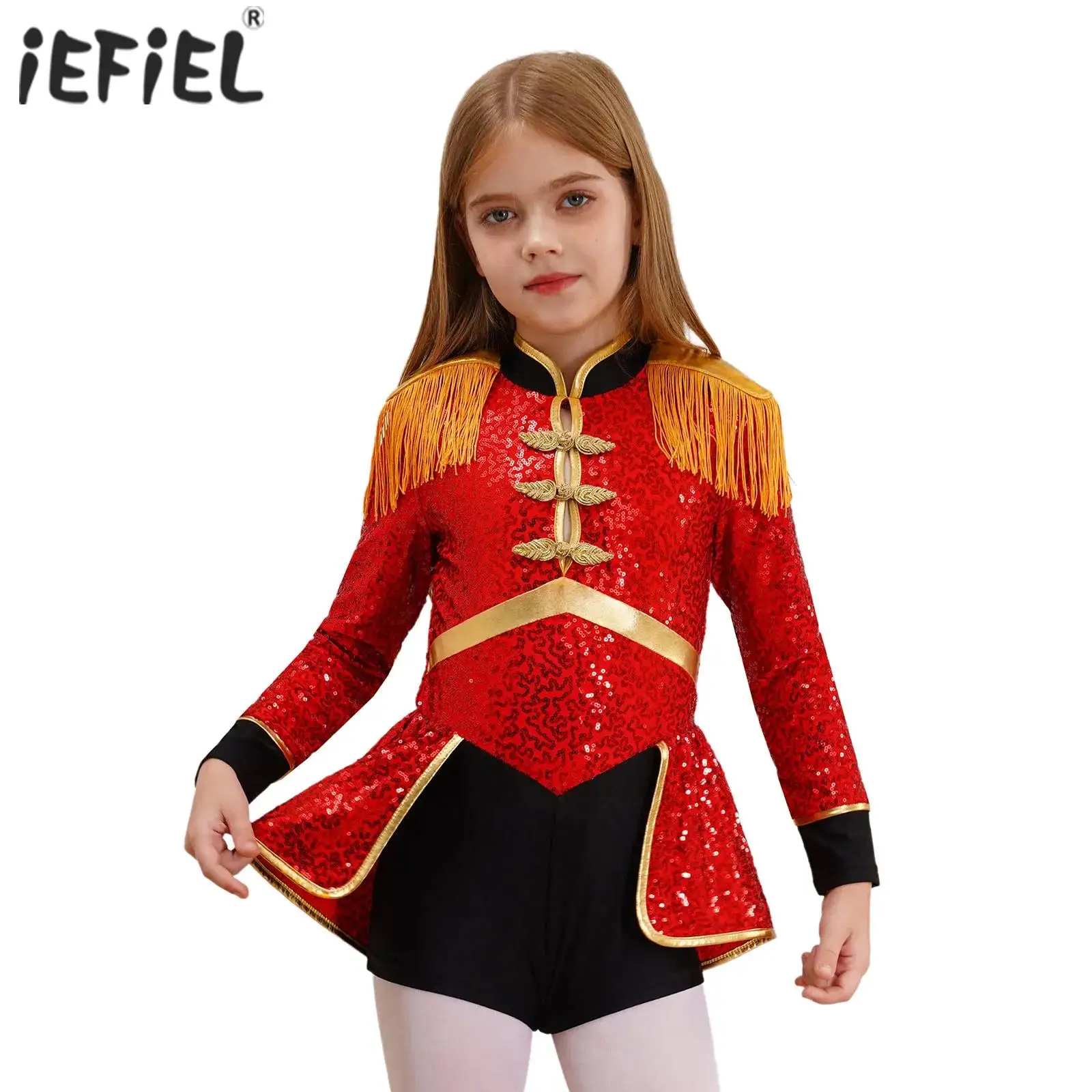 Kids Girls Circus Ringmaster Magician Drummer Showman Cosplay Costume Fringe Epaulet Sequins Bodysuit Halloween Lion Tamer Dress