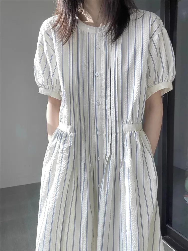plus Size 2300 Pou Gentle Wind Striped ort Sve Dr Women Summer Fat MM Loose Personali irt Long Dr