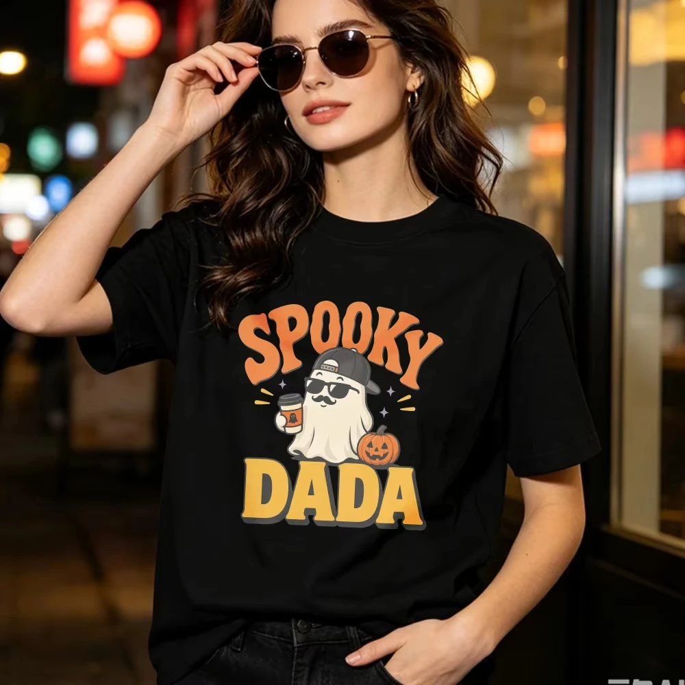 Spooky Dada Ghost Men Trendy Cotton Tops Cool Dad Halloween Tshirt Retro Lettering Coffee‑loving Ghost Motif Father Casual Tees