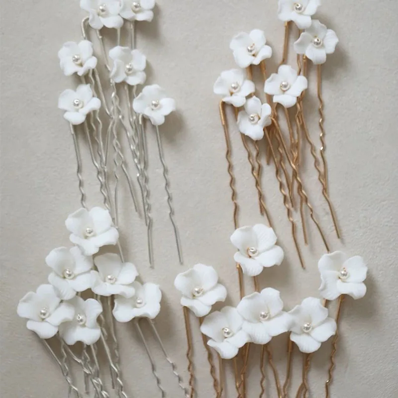 

SLBRIDAL Handmade Simulated Pearls Ceramic Flower Bridal Hair Pin Set Wedding Hair Sticker Hair Accessories Women Hair Jewelry