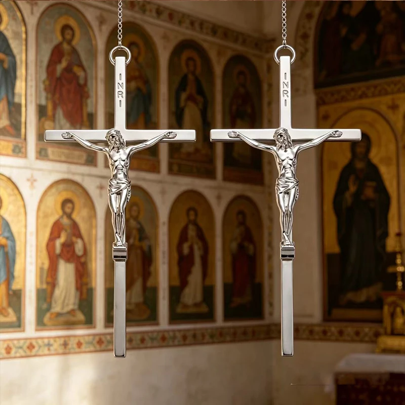 Neuer vergoldeter Jesus-Kruzifix-Kreuzanhänger 15 cm mit INRI-Gravur für Wanddekoration in Kirche, Zuhause, Altar, Gebet, christliche Dekoration – Detail 2