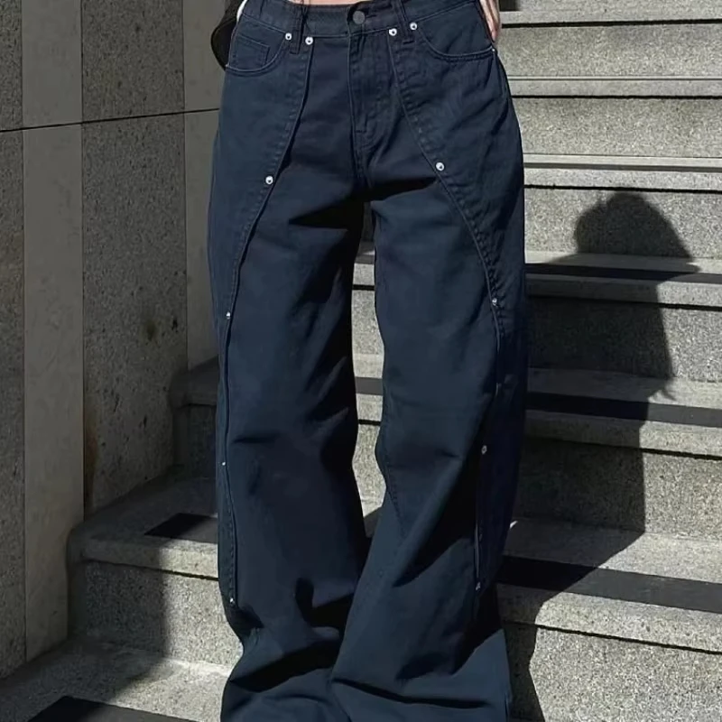 Jeans for Woman Y2k Clothes Relaxed Loose Fit Wide Leg Trousers Vintage American Retro Style with Rivet Patchwork Split Design
