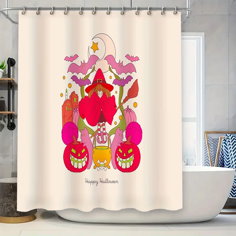 

Spooky Halloween Shower Curtain Gothic Horror Pumpkin Bat Witch Decor Bathroom Set