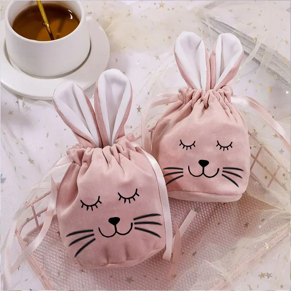 

2pcs Easter Bunny Drawstring Gifts Bags Cartoon Rabbit Ears Velvet Candy Bag Kids Easter Egg Packaging Happy Easter Party Decor