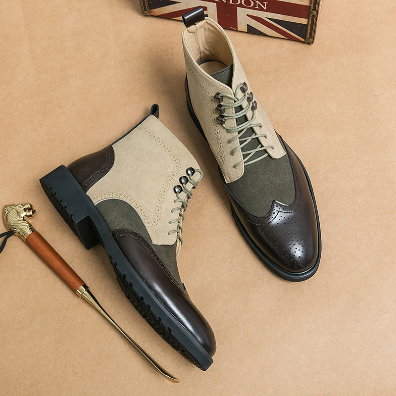 New Block Men Short Boots Mixed Colors Lace-up Square Toe Ankle Strap Handmade Men Ankle Boots Botas De Hombre