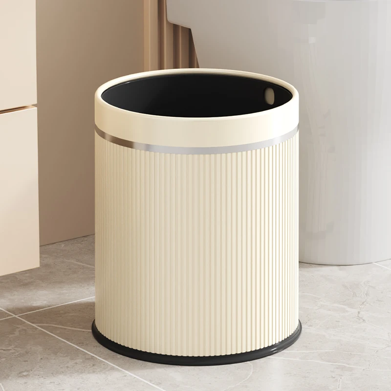 Light Luxury Vertical Grain Trash Can, Lidless, Narrow Profile, Large Capacity 13L/16L, Double Inner & Outer Bucket