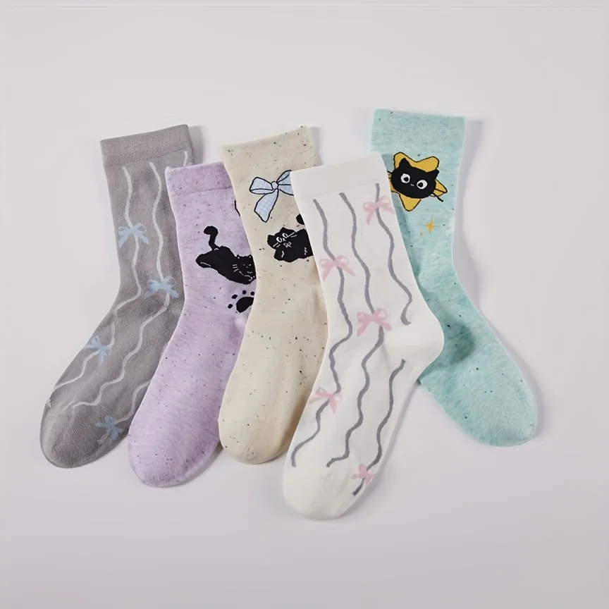 5 Pairs Autumn Winter Cat Patterned Cotton Socks for Women Cartoon Mid-Calf Knitted Socks with Bow Knot Cute Mixed Colors