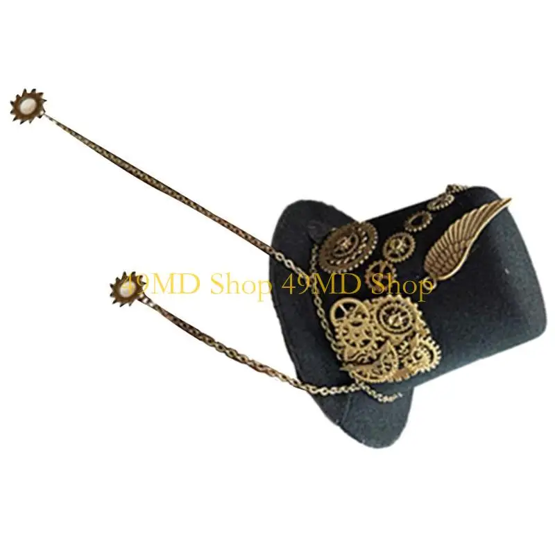 49MD Punk Top Hat Mini Unisex Top Hat Cosplay for Halloween Industrial Age Hair Accessory with Gears Wing Chain