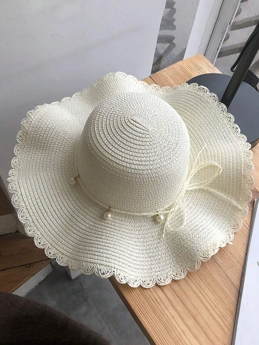 1pc Summer Fresh Minimalist Wavy Wide Brim Straw Hat, Korean Style Faux Pearl Casual Sun Protection Beach Hat