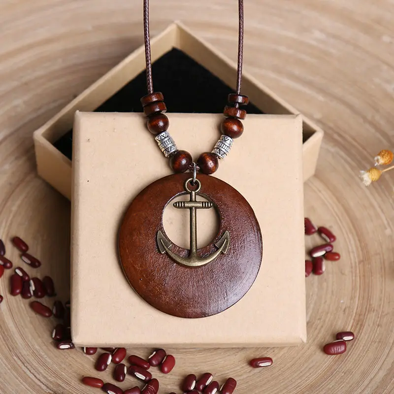 Vintage Round Wooden Necklace Leaf Owl Elephant Beaded Pendant Long Sweater Chain for Women Neck Jewelry Accessories