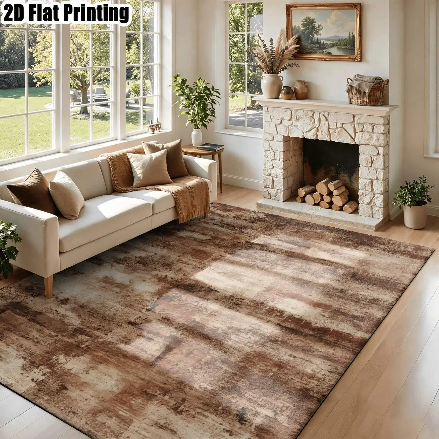 1Pc 2D Printed Retro Brown Beige Abstract Art Carpet, European/Bohemian Style, Machine Washable, Multi-Size, for Living Room Bedroom Dining Room Entrance Study Home Decoration
