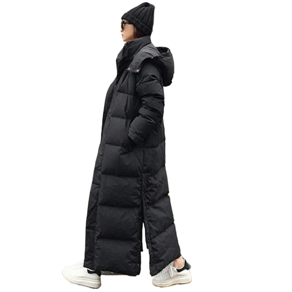 Cotton Down Hood Fluff Long Winter Jacket Parka Hem Extra Maxi X-Long Women Coat Casual Loose Overcoat Female Clothing Outerwear