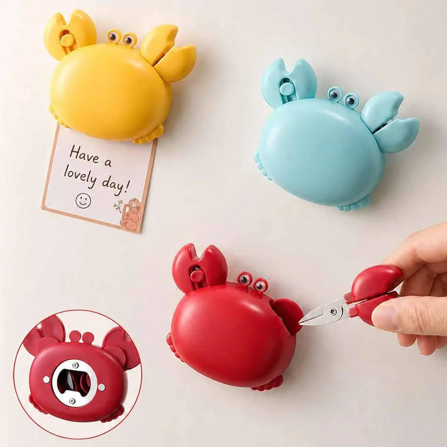 Creative Crab Shape Magnetic Bottle Opener, 4-in-1 Multi Tool with Scissors Box Cutter, Cute Fridge Magnet Kitchen Gadgets