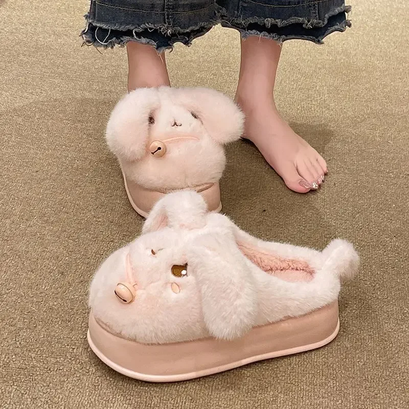 Cute Puppy Bell Women's Winter Slippers Closed Toe Thick Platform High Heel Indoor Home Outdoor Cotton Warm