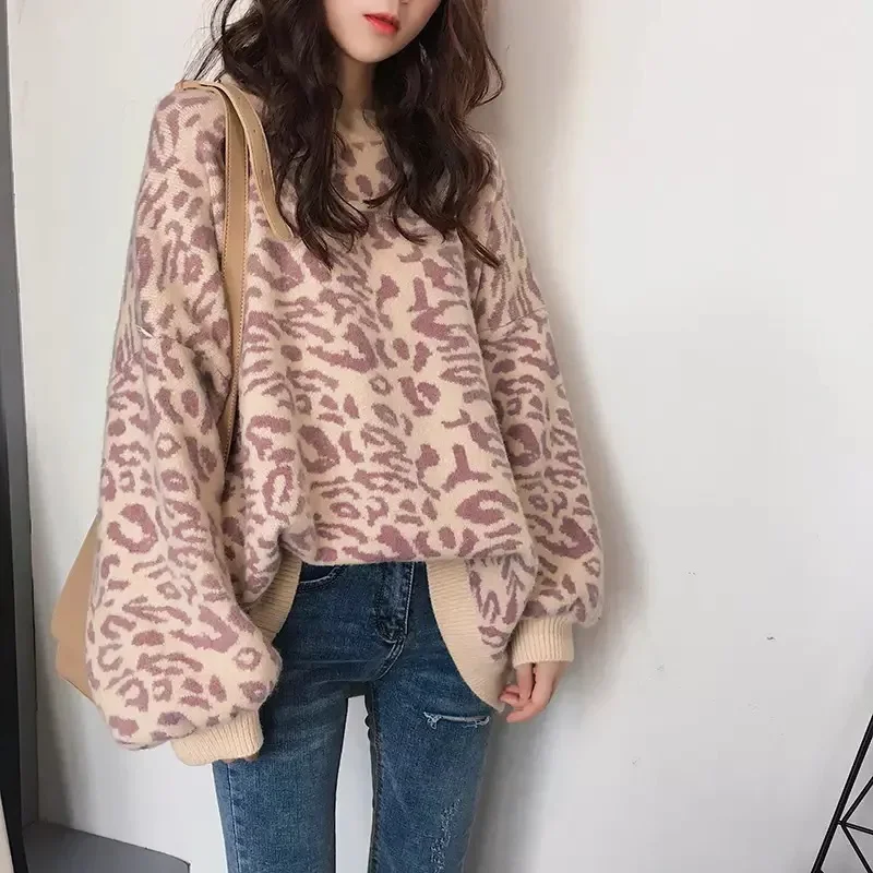 Vintage Leopard Print Pullover Sweater Round Neck Long Sleeve Loose Fit Soft Cozy Casual Knit Top Autumn Winter Daily Outerwear