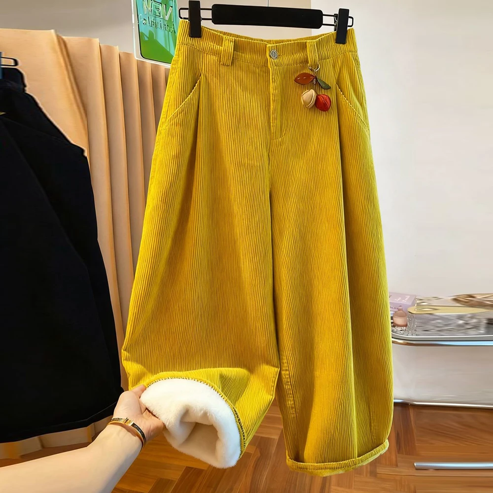 High-end yellow corduroy pants women's 2025 new autumn loose casual high-end high-end cropped pants
