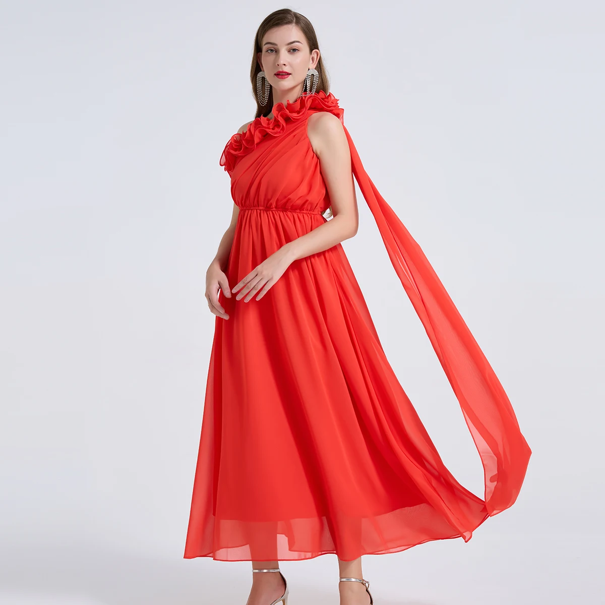 

Summer 3D Flower Off The Shoulder Chiffon Dress Women Sexy Oblique Collar A-Line High Waist Lady Viantage Beach Long Maxi Dress