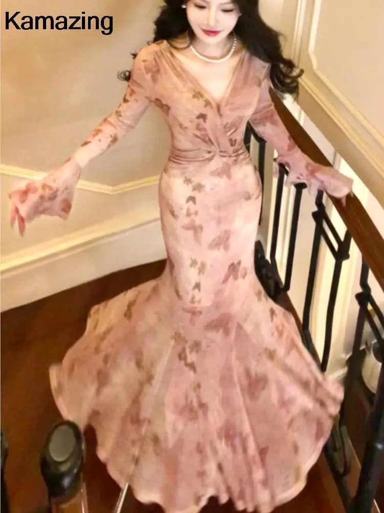 Eleganti abiti lunghi con maniche svasate a sirena Vintage Sexy aderente rosa stampa sera Club Robe donna primavera estate abiti